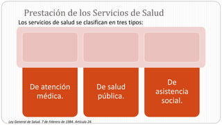 Prestación de los Servicios de Salud
De atención
médica.
De salud
pública.
De
asistencia
social.
Los servicios de salud se clasifican en tres tipos:
Ley General de Salud. 7 de Febrero de 1984. Artículo 24.
 