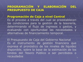 16
PROGRAMACIÓN Y ELABORACIÓN DEL
PRESUPUESTO DE CAJA
Programación de Caja a nivel Central
Es el proceso a través del cual se preestablecen
las condiciones para la gestión de la tesorería,
determinando el flujo de ingresos y gastos, y
evaluando con oportunidad las necesidades y
alternativas de financiamiento temporal.
El Presupuesto de Caja del Gobierno Nacional
Es el instrumento de gestión financiera que
expresa el pronóstico de los niveles de liquidez
disponible, sobre la base de la estimación de los
fondos del Tesoro Público a ser percibidos o
recaudados
 