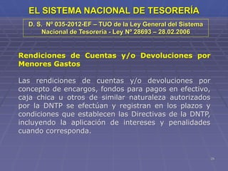 29
EL SISTEMA NACIONAL DE TESORERÍA
Rendiciones de Cuentas y/o Devoluciones por
Menores Gastos
Las rendiciones de cuentas y/o devoluciones por
concepto de encargos, fondos para pagos en efectivo,
caja chica u otros de similar naturaleza autorizados
por la DNTP se efectúan y registran en los plazos y
condiciones que establecen las Directivas de la DNTP,
incluyendo la aplicación de intereses y penalidades
cuando corresponda.
D. S. Nº 035-2012-EF – TUO de la Ley General del Sistema
Nacional de Tesorería - Ley Nº 28693 – 28.02.2006
 