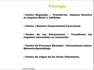 c
                                                                   Sistema Nervioso

                                                 Fisiología

                          • Centro Regulador : Transforma Impulso Sensitvo
                          en Impulso Motor o Inhibidor.
   Sistema Nervioso

           Histología
                          • Centro : Nuestro Conocimiento Consciente
     Médula espinal

     Bulbo raquídeo
                          • Centro de las Sensaciones : Transforma            los
Protuberancia anular
                          impulsos sensoriales en sensación.
            Cerebelo

       ´Mesencéfalo       • Centro de Procesos Mentales : Pensamiento-Juicio-
          Diencéfalo
                          Memoria-Aprendizaje

             Cerebro
                          • Centro de origen de los Actos Voluntarios.
      S. N. Periférico

     S. N. Autónomo


                         Anatomía y Fisiología                                  55
 