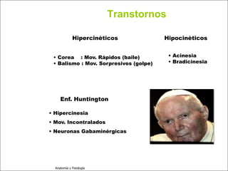 c
                                                                         Sistema Nervioso

                                                   Transtornos

                                       Hipercinèticos             Hipocinèticos
   Sistema Nervioso

           Histología     • Corea : Mov. Rápidos (baile)           • Acinesia
                          • Balismo : Mov. Sorpresivos (golpe)     • Bradicinesia
     Médula espinal

     Bulbo raquídeo

Protuberancia anular

            Cerebelo          Enf. Huntington                    Enf. Parkinson
       ´Mesencéfalo
                         • Hipercinesia                   • Hipocinesia e hipercinesia
          Diencéfalo     • Mov. Incontralados             •Neuronas Dopaminérgicas
             Cerebro     • Neuronas Gabaminérgicas

      S. N. Periférico

     S. N. Autónomo


                           Anatomía y Fisiología                                      59
 