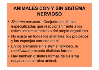 ANIMALES CON Y SIN SISTEMA
           NERVIOSO
• Sistema nervioso.- Conjunto de células
  especializadas que reaccionan fr...