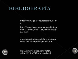 http://www.herrera.unt.edu.ar/bioingenieria/Temas_inves/sist_nervioso/pagina1.htm http://www.youtube.com/watch?v=2AjyFEzRUuY&feature=related http://www.iqb.es/neurologia/a002.htm http://www.juntadeandalucia.es/averroes/~29701428/salud/nervio.htm 
