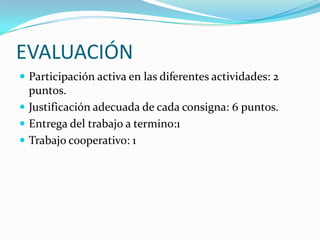 EVALUACIÓNParticipación activa en las diferentes actividades: 2 puntos.Justificación adecuada de cada consigna: 6 puntos.Entrega del trabajo a termino:1Trabajo cooperativo:1