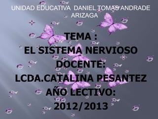 UNIDAD EDUCATIVA DANIEL TOMAS ANDRADE
ARIZAGA
TEMA :
EL SISTEMA NERVIOSO
DOCENTE:
LCDA.CATALINA PESANTEZ
AÑO LECTIVO:
2012/2013
 