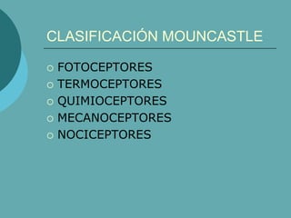 CLASIFICACIÓN MOUNCASTLE
 FOTOCEPTORES
 TERMOCEPTORES
 QUIMIOCEPTORES
 MECANOCEPTORES
 NOCICEPTORES
 