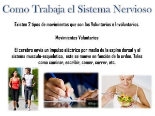 Existen 2 tipos de movimientos que son los Voluntarios e Involuntarios.
Movimientos Voluntarios
El cerebro envía un impulso eléctrico por medio de la espina dorsal y el
sistema musculo-esqueletico, este se mueve en función de la orden. Tales
como caminar, escribir, comer, correr, etc.
 