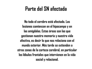 Parte del SN afectada
No todo el cerebro está afectado. Las
lesiones comienzan en el hipocampo y en
las amígdalas. Estas áreas son las que
gestionan nuestra memoria y nuestra vida
afectiva, es decir lo que nos relaciona con el
mundo exterior. Más tarde se extienden a
otras zonas de la corteza cerebral, en particular
los lóbulos frontales que intervienen en la vida
social y relacional.
 