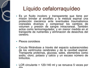 Líquido cefalorraquídeo
 Es un fluido incoloro y transparente que tiene por
misión brindar al encéfalo y la médula espinal una
protección mecánica ante eventuales traumatismos
craneales diversos y compensar los cambios de
volumen y presión de sangre intracraneal. También
actúa como termorregulador, y en menor medida en el
transporte de nutrientes y eliminación de desechos del
cerebro.
 Plexos coroideos
 Circula filtrándose a través del espacio subaracnoideo
de los ventrículos cerebrales y de la cavidad espinal.
Transporta proteínas, glucosa, sales, elementos como
sodio, cloro, potasio y calcio y un escaso número de
linfocitos.
 LCR circulante = 120-140 ml y se renueva 5 veces por
 