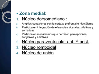  Zona medial:
1. Núcleo dorsomediano :
a) Amplias conexiones con la corteza prefrontal e hipotálamo
b) Participa en integración de eferencias vicerales, olfativas y
somáticas
c) Participa en mecanismos que permiten percepciones
subjetivas y emotivas
2. Núcleo paraventricular ant. Y post.
3. Núcleo romboidal
4. Núcleo de unión
 