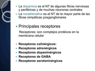  La dopamina es el NT de algunas fibras nerviosas
y periféricas y de muchas neuronas centrales
 La noradrenalina es el NT de la mayor parte de las
fibras simpáticas posganglionares
 Principales receptores
Receptores: son complejos protéicos en la
membrana celular
 Receptores colinérgicos:
 Receptores adrenérgicos
 Receptores dopaminérgicos
 Receptores de GABA
 Receptores serotoninérgicos
 