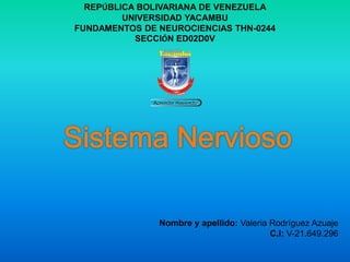 REPÚBLICA BOLIVARIANA DE VENEZUELA
UNIVERSIDAD YACAMBU
FUNDAMENTOS DE NEUROCIENCIAS THN-0244
SECCIÓN ED02D0V
Nombre y apellido: Valeria Rodríguez Azuaje
C.I: V-21.649.296
 