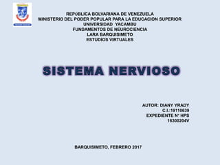 REPÚBLICA BOLVARIANA DE VENEZUELA
MINISTERIO DEL PODER POPULAR PARA LA EDUCACION SUPERIOR
UNIVERSIDAD YACAMBU
FUNDAMENTOS DE NEUROCIENCIA
LARA BARQUISIMETO
ESTUDIOS VIRTUALES
AUTOR: DIANY YRADY
C.I.:19110639
EXPEDIENTE N° HPS
16300204V
BARQUISIMETO, FEBRERO 2017
 