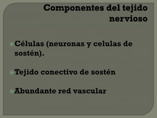 Células (neuronas y celulas de
sostén).
Tejido conectivo de sostén
Abundante red vascular
 