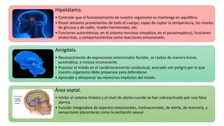 Hipotálamo.
• Controlar que el funcionamiento de nuestro organismo se mantenga en equilibrio.
• Posee sensores provenientes de todo el cuerpo; capaz de captar la temperatura, los niveles
de glucosa y de sodio, niveles hormonales, etc.
• Funciones autonómicas, en el sistema nervioso simpático, en el parasimpático), funciones
endocrinas, y comportamientos como reacciones emocionales.
Amígdala.
• Reconocimiento de expresiones emocionales faciales, se realiza de manera breve,
automática, e incluso inconsciente.
• Procesar el miedo en el condicionamiento conductual, asociado con peligro por lo que
nuestro organismo debe preparase para defenderse.
• Aprender y almacenar las memorias implícitas del miedo.
Área septal.
• Inhibir el sistema límbico y el nivel de alerta cuando se han sobreactivado por una falsa
alarma.
• Función integradora de aspectos emocionales, motivacionales, de alerta, de memoria, y
sensaciones placenteras como la excitación sexual.
 