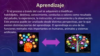 Es el proceso a través del cual se adquieren o modifican
habilidades, destreza, conocimiento, conductas o valores como resultado
del estudio, la experiencia, la instrucción, el razonamiento y la observación.
Este proceso puede ser analizado desde distintas perspectivas, por lo que
existen distintas teorías del aprendizaje. El aprendizaje es una de las
funciones mentales más importantes en humanos, animales y sistemas
artificiales.
.
 