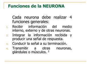 Funciones de la NEURONA
Cada neurona debe realizar 4
funciones generales:
1. Recibir información del medio
interno, externo y de otras neuronas.
2. Integrar la información recibida y
producir una señal de respuesta.
3. Conducir la señal a su terminación.
4. Transmitir a otras neuronas,
glándulas o músculos. 2
 