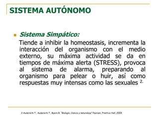SISTEMA AUTÓNOMO
 Sistema Simpático:
Tiende a inhibir la homeostasis, incrementa la
interacción del organismo con el medio
externo, su máxima actividad se da en
tiempos de máxima alerta (STRESS), provoca
al sistema de alarma, preparando al
organismo para pelear o huir, así como
respuestas muy intensas como las sexuales 2.
2 Audersirk T., Audersirk T., Byers B. “Biología, Ciencia y naturaleza” Pearson, Prentice Hall, 2004
 