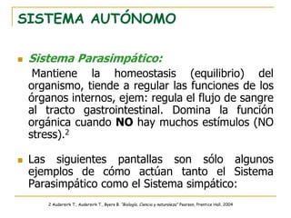 SISTEMA AUTÓNOMO
 Sistema Parasimpático:
Mantiene la homeostasis (equilibrio) del
organismo, tiende a regular las funciones de los
órganos internos, ejem: regula el flujo de sangre
al tracto gastrointestinal. Domina la función
orgánica cuando NO hay muchos estímulos (NO
stress).2
 Las siguientes pantallas son sólo algunos
ejemplos de cómo actúan tanto el Sistema
Parasimpático como el Sistema simpático:
2 Audersirk T., Audersirk T., Byers B. “Biología, Ciencia y naturaleza” Pearson, Prentice Hall, 2004
 