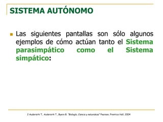 SISTEMA AUTÓNOMO
 Las siguientes pantallas son sólo algunos
ejemplos de cómo actúan tanto el Sistema
parasimpático como el Sistema
simpático:
2 Audersirk T., Audersirk T., Byers B. “Biología, Ciencia y naturaleza” Pearson, Prentice Hall, 2004
 