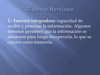 2.- Función integradora: capacidad de
recibir y procesar la información. Algunos
sistemas permiten que la información se
almacene para luego recuperarla, lo que se
conoce como memoria.
 