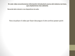 En este video encontraremos información introductoria acerca del sistema nervioso,
que ampliaremos mas adelante.
Recuerde darle volumen a sus dispositivos de audio.
Para visualizar el video por favor descargue el otro archivo power point
 