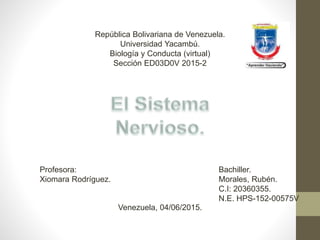 República Bolivariana de Venezuela.
Universidad Yacambú.
Biología y Conducta (virtual)
Sección ED03D0V 2015-2
Bachiller.
Morales, Rubén.
C.I: 20360355.
N.E. HPS-152-00575V
Profesora:
Xiomara Rodríguez.
Venezuela, 04/06/2015.
 