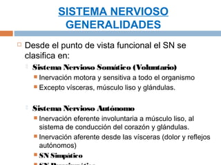SISTEMA NERVIOSO
                 GENERALIDADES
   Desde el punto de vista funcional el SN se
    clasifica en:
       Sistema Nervioso Somático (Voluntario)
         Inervaciónmotora y sensitiva a todo el organismo
         Excepto vísceras, músculo liso y glándulas.


       Sistema Nervioso Autónomo
         Inervación eferente involuntaria a músculo liso, al
          sistema de conducción del corazón y glándulas.
         Inervación aferente desde las vísceras (dolor y reflejos
          autónomos)
         SN Simpático
 
