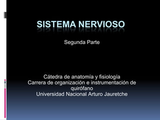 SISTEMA NERVIOSO
Segunda Parte

Cátedra de anatomía y fisiología
Carrera de organización e instrumentación de
quirófano
Universidad Nacional Arturo Jauretche

 