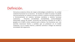 Definición. 
Estructura anatomo-clínica de origen embriológico ectodérmico. Su unidad 
anatomo-funcional es la neurona. Se localiza en todo el cuerpo. Se divide 
estructuralmente en sistema nervioso central y sistema nervioso periférico 
y funcionalmente en sistema nervioso somático y sistema nervioso 
autónomo. Presenta sensibilidad, excitabilidad, conductibilidad, 
plasticidad, células de sostén, acúmulos de neuronas (núcleos en el SNC y 
ganglio en el SNP) y tiene sustancia gris y blanca. Sus funciones son: nos 
permite reaccionar frente a cambios que se producen en el medio 
ambiente y en el medio interno y además controla e integra las diversas 
actividades del organismo. 
 