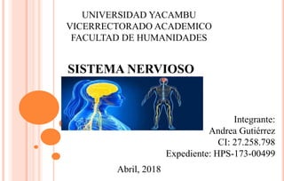 UNIVERSIDAD YACAMBU
VICERRECTORADO ACADEMICO
FACULTAD DE HUMANIDADES
SISTEMA NERVIOSO
Integrante:
Andrea Gutiérrez
CI: 27.258.798
Expediente: HPS-173-00499
Abril, 2018
 