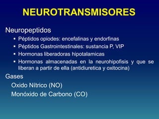 NEUROTRANSMISORES
Neuropeptidos
 Péptidos opiodes: encefalinas y endorfinas
 Péptidos Gastrointestinales: sustancia P, VIP
 Hormonas liberadoras hipotalamicas
 Hormonas almacenadas en la neurohipofisis y que se
liberan a partir de ella (antidiuretica y oxitocina)
Gases
Oxido Nítrico (NO)
Monóxido de Carbono (CO)
 