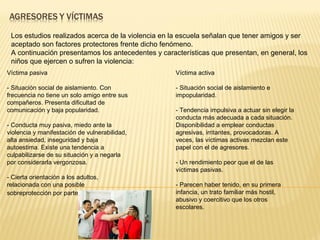 Los estudios realizados acerca de la violencia en la escuela señalan que tener amigos y ser
aceptado son factores protectores frente dicho fenómeno.
A continuación presentamos los antecedentes y características que presentan, en general, los
niños que ejercen o sufren la violencia:
Víctima pasiva
- Situación social de aislamiento. Con
frecuencia no tiene un solo amigo entre sus
compañeros. Presenta dificultad de
comunicación y baja popularidad.
- Conducta muy pasiva, miedo ante la
violencia y manifestación de vulnerabilidad,
alta ansiedad, inseguridad y baja
autoestima. Existe una tendencia a
culpabilizarse de su situación y a negarla
por considerarla vergonzosa.
- Cierta orientación a los adultos,
relacionada con una posible
sobreprotección por parte de la familia.
Víctima activa
- Situación social de aislamiento e
impopularidad.
- Tendencia impulsiva a actuar sin elegir la
conducta más adecuada a cada situación.
Disponibilidad a emplear conductas
agresivas, irritantes, provocadoras. A
veces, las víctimas activas mezclan este
papel con el de agresores.
- Un rendimiento peor que el de las
víctimas pasivas.
- Parecen haber tenido, en su primera
infancia, un trato familiar más hostil,
abusivo y coercitivo que los otros
escolares.
 