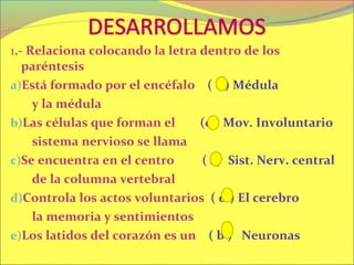 1.- Relaciona colocando la letra dentro de los
   paréntesis
a)Está formado por el encéfalo ( c ) Médula
     y la médula
b)Las células que forman el      (e ) Mov. Involuntario
     sistema nervioso se llama
c)Se encuentra en el centro      ( a) Sist. Nerv. central
     de la columna vertebral
d)Controla los actos voluntarios ( d ) El cerebro
     la memoria y sentimientos
e)Los latidos del corazón es un ( b ) Neuronas
 