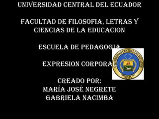 UNIVERSIDAD CENTRAL DEL ECUADOR
FACULTAD DE FILOSOFIA, LETRAS Y
CIENCIAS DE LA EDUCACION
ESCUELA DE PEDAGOGIA
EXPRESION CORPORAL
creado por:
María José negrete
Gabriela Nacimba
 