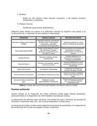 3. Parálisis
Puede ser del sistema motor (Paresia muscular), o del sistema sensitivo
(hipoestesia o anestesia)
4. Choque nervioso
Perdida de conocimiento (pielonefritis)
Debemos poner énfasis en evaluar si la disfunción nerviosa es original o sea causal, o es
consecuencia de un desorden de otro sistema o enfermedad.
CONDICIÓN SIGNOS CLÍNICOS HISTORIA RELEVANTE
Meningoencefalitis trombo embólica
(TEME)
Depresión profunda, somnolencia,
decúbito, fiebre, enfermedades
respiratorias y articulares
concurrentes, hemorragia retinal
Ganado proveniente de varias
partes, sin historia de vacunación
Poliencefalomalasia (PEM)
Estado mental alterado, posición
del "astrónomo", ceguera,
estrabismo, progresión hacia la
convulsión y muerte
Cambios súbitos de la alimentación,
alimentación con granos,
suplementación con yeso en la
nutrición
Acidosis Ruminal
Depresión profunda, diarrea,
deshidratación
Cambios abruptos en la
alimentación hacia granos , o
alimentos con poca fibra
Hipovitaminosis A
Síncope y convulsiones, ceguera
nocturna y/o diurna
Terneros destetados de vacas
pastoreando pasturas secas en
zonas áridas
Tetania del transporte Convulsiones, Hiperestesia
Transportes muy largos con
privación de agua y comida
Forma nerviosa de Coccidiosis Convulsiones, diarrea concurrente
Común en invierno, coccidiosis
entérica esta confirmada en el
grupo
Intoxicación salina, privación de
agua
Debilidad muscular,
Hiperirritabilidad, convulsiones
Pérdida temporal de la fuente de
agua, y/o sobrealimentación
accidental con sal
Tabla 5.- Causas más comunes de enfermedades neurológicas vistas en Feedlot
Examen ambiental
Invertir tiempo en la inspección del medio ambiente puede pagar buenos dividendos,
particularmente en el diagnóstico de enfermedades inducidas por toxinas.
La observación de baterías viejas cercanas a las fuentes de agua o alimento, de envases de
herbicida o insecticida rotos, etc., dan la pauta diagnóstica muchas veces.
La presencia de cerdos muchas veces puede darnos la pauta de seudorabia, y la inspección de
las condiciones de los silos nos pueden orientar a listeriosis.
(10)
 