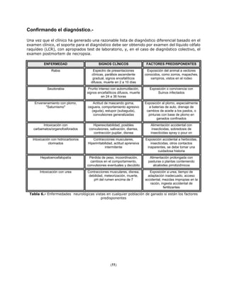 Confirmando el diagnóstico.-
Una vez que el clínico ha generado una razonable lista de diagnóstico diferencial basado en el
examen clínico, el soporte para el diagnóstico debe ser obtenido por examen del líquido céfalo
raquídeo (LCR), con apropiados test de laboratorio, y, en el caso de diagnóstico colectivo, el
examen postmortem de necropsia.
ENFERMEDAD SIGNOS CLÍNICOS FACTORES PREDISPONENTES
Rabia Espectro de presentaciones
clínicas, parálisis ascendente
gradual, signos encefalíticos
difusos, muerte en 2 a 10 días
Exposición del animal a vectores
conocidos, como zorros, mapaches,
vampiros, vistos en el rodeo
Seudorabia Prurito intenso con automutilación,
signos encefalíticos difusos. muerte
en 24 a 36 horas
Exposición o convivencia con
Suinos infectados
Envenenamiento con plomo,
"Saturnismo"
Actitud de mascando goma,
ceguera, comportamiento agresivo
(aguda), estupor (subaguda),
convulsiones generalizadas
Exposición al plomo, especialmente
a baterías de auto, drenaje de
cambios de aceite a los pastos, o
pinturas con base de plomo en
ganados confinados
Intoxicación con
carbamatos/organofosforados
Hiperexcitabilidad, posibles
convulsiones, salivación, diarrea,
contracción pupilar, disnea
Alimentación accidental con
insecticidas, sobredosis de
insecticidas spray o pour on
Intoxicación con hidrocarbonos
clorinados
Contracciones musculares,
Hiperirritabilidad, actitud aprensiva
intermitente
Exposición accidental a herbicidas,
insecticidas, otros contactos
inaparentes, se debe tomar una
cuidadosa historia
Hepatoencefalopatía Pérdida de peso, incoordinación,
cambios en el comportamiento,
convulsiones eventuales y decúbito
Alimentación prolongada con
pasturas o plantas conteniendo
alcaloides pirrolizidínicos
Intoxicación con urea Contracciones musculares, disnea,
debilidad, meteorización, muerte,
pH del rumen encima de 7
Exposición a urea, tiempo de
adaptación inadecuado, acceso
accidental, mezclas impropias en la
ración, ingesta accidental de
fertilizantes
Tabla 6.- Enfermedades neurológicas vistas en cualquier población de ganado si están los factores
predisponentes
(11)
 