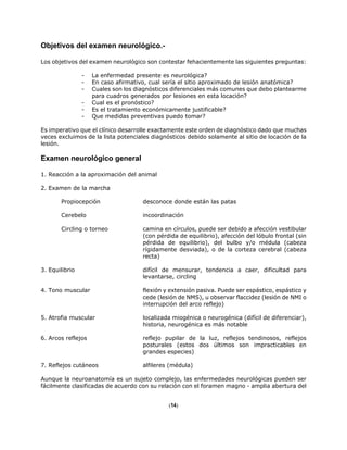 Objetivos del examen neurológico.-
Los objetivos del examen neurológico son contestar fehacientemente las siguientes preguntas:
- La enfermedad presente es neurológica?
- En caso afirmativo, cual sería el sitio aproximado de lesión anatómica?
- Cuales son los diagnósticos diferenciales más comunes que debo plantearme
para cuadros generados por lesiones en esta locación?
- Cual es el pronóstico?
- Es el tratamiento económicamente justificable?
- Que medidas preventivas puedo tomar?
Es imperativo que el clínico desarrolle exactamente este orden de diagnóstico dado que muchas
veces excluimos de la lista potenciales diagnósticos debido solamente al sitio de locación de la
lesión.
Examen neurológico general
1. Reacción a la aproximación del animal
2. Examen de la marcha
Propiocepción desconoce donde están las patas
Cerebelo incoordinación
Circling o torneo camina en círculos, puede ser debido a afección vestibular
(con pérdida de equilibrio), afección del lóbulo frontal (sin
pérdida de equilibrio), del bulbo y/o médula (cabeza
rígidamente desviada), o de la corteza cerebral (cabeza
recta)
3. Equilibrio difícil de mensurar, tendencia a caer, dificultad para
levantarse, circling
4. Tono muscular flexión y extensión pasiva. Puede ser espástico, espástico y
cede (lesión de NMS), u observar flaccidez (lesión de NMI o
interrupción del arco reflejo)
5. Atrofia muscular localizada miogénica o neurogénica (difícil de diferenciar),
historia, neurogénica es más notable
6. Arcos reflejos reflejo pupilar de la luz, reflejos tendinosos, reflejos
posturales (estos dos últimos son impracticables en
grandes especies)
7. Reflejos cutáneos alfileres (médula)
Aunque la neuroanatomía es un sujeto complejo, las enfermedades neurológicas pueden ser
fácilmente clasificadas de acuerdo con su relación con el foramen magno - amplia abertura del
(14)
 