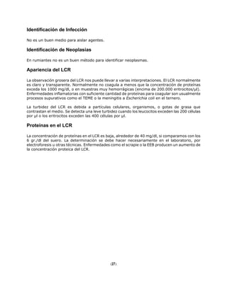 Identificación de Infección
No es un buen medio para aislar agentes.
Identificación de Neoplasias
En rumiantes no es un buen método para identificar neoplasmas.
Apariencia del LCR
La observación grosera del LCR nos puede llevar a varias interpretaciones. El LCR normalmente
es claro y transparente. Normalmente no coagula a menos que la concentración de proteínas
exceda los 1000 mg/dl, o en muestras muy hemorrágicas (encima de 200.000 eritrocitos/µl).
Enfermedades inflamatorias con suficiente cantidad de proteínas para coagular son usualmente
procesos supurativos como el TEME o la meningitis a Escherichia coli en el ternero.
La turbidez del LCR es debida a partículas celulares, organismos, o gotas de grasa que
contrastan el medio. Se detecta una leve turbidez cuando los leucocitos exceden las 200 células
por µl o los eritrocitos exceden las 400 células por µl.
Proteínas en el LCR
La concentración de proteínas en el LCR es baja, alrededor de 40 mg/dl, si comparamos con los
6 gr./dl del suero. La determinación se debe hacer necesariamente en el laboratorio, por
electroforesis u otras técnicas. Enfermedades como el scrapie o la EEB producen un aumento de
la concentración proteica del LCR.
(27)
 