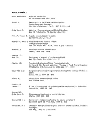 BIBLIOGRAFÍA.-
Blood, Henderson Medicina Veterinaria
Ed. Interamericana, 7ma , 1994
Brewer B. Examination of the Bovine Nervous System.
Bovine Neurologic Diseases.
Clin. Vet. of North Am., F.A.P., 1987, 3, (1) : 1-12
de La Hunta A. Veterinary Neuroanatomy and Clinical Neurlogy.
2da Ed. Philadelphia, WB Saunders Co, 1983
Finn J.P., Tenant B. Hepatic encephalopathy in cattle.
Cornell Vet, 1974, 64 : 136
Holbrok TC, White S Assesment of the nervous system
in Physical examination
Vet. Clin. North. Am. : F.A.P., 1992, 8, (2), : 285-303
Howard J.R. Neurologic disease differentiation
JAVMA, 1969, 154 : 1174
Mayhew I.G.,
Beal C.R. Techniques of analysis of cerebrospinal fluid.
Vet. Clin. North. Am., 1980, 10 : 155
Mayhew I.G. Neurologic Evaluation of Food Producing Animals
in Howard J.L. Current Veterinary Therapy : Food Animal Practice.
Philadelphia, W.B. Saunders Co, 1981, pps 1074 - 1080
Nayar PSG et al Daignostic procedures in experimental Haemophillus somnus infection in
cattle
Canad. Vet. J-, 1977, 18 : 149
Palmer AC Introducción a la Neurología Animal
Edit. Acribia, 1969
Pearson EG,
Kallfez F. A case of presumptive salt poisoning (water deprivation) in veal calves
Cornell Vet., 1982, 72 : 142
Rebhun WC,
de La Hunta A. Diagnosis and treatment of bovine listeriosis
JAVMA, 1982, 180 : 395
Rebhun WC et al Compressive neoplasms affecting the bovine spinal cord
Compend. Cont. Ed. Pract. Vet., 1984, 6 : 396
Rimbaud E. et al Utilización de la prueba de la apnea en ovinos en el diagnóstico precoz de
meningitis
Vet. Arg., 1993, 10, (100) : 689
(29)
 