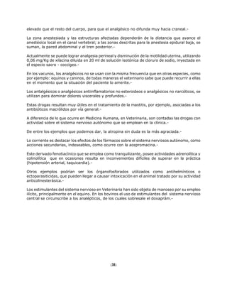 elevado que el resto del cuerpo, para que el analgésico no difunda muy hacia craneal.-
La zona anestesiada y las estructuras afectadas dependerán de la distancia que avance el
anestésico local en el canal vertebral; a las zonas descritas para la anestesia epidural baja, se
suman, la pared abdominal y el tren posterior.-
Actualmente se puede lograr analgesia perineal y disminución de la motilidad uterina, utilizando
0,06 mg/Kg de xilacina diluida en 20 ml de solución isotónica de cloruro de sodio, inyectada en
el especio sacro - coccígeo.-
En los vacunos, los analgésicos no se usan con la misma frecuencia que en otras especies, como
por ejemplo: equinos y caninos, de todas maneras el veterinario sabe que puede recurrir a ellas
en el momento que la situación del paciente lo amerite.-
Los antalgésicos o analgésicos antiinflamatorios no esteroideos o analgésicos no narcóticos, se
utilizan para dominar dolores viscerales y profundos.-
Estas drogas resultan muy útiles en el tratamiento de la mastitis, por ejemplo, asociadas a los
antibióticos macrólidos por vía general.-
A diferencia de lo que ocurre en Medicina Humana, en Veterinaria, son contadas las drogas con
actividad sobre el sistema nervioso autónomo que se emplean en la clínica.-
De entre los ejemplos que podemos dar, la atropina sin duda es la más agraciada.-
Lo corriente es destacar los efectos de los fármacos sobre el sistema nerviosos autónomo, como
acciones secundarias, indeseables, como ocurre con la acepromacina.-
Este derivado fenotiacínico que se emplea como tranquilizante, posee actividades adrenolítica y
colinolítica que en ocasiones resulta en inconvenientes difíciles de superar en la práctica
(hipotensión arterial, taquicardia).-
Otros ejemplos podrían ser los órganofosforados utilizados como antihelmínticos o
ectoparasiticidas, que pueden llegar a causar intoxicación en el animal tratado por su actividad
anticolinesterásica.-
Los estimulantes del sistema nervioso en Veterinaria han sido objeto de manoseo por su empleo
ilícito, principalmente en el equino. En los bovinos el uso de estimulantes del sistema nervioso
central se circunscribe a los analépticos, de los cuales sobresale el doxaprám.-
(38)
 