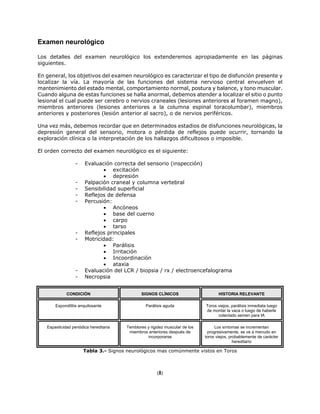 Examen neurológico
Los detalles del examen neurológico los extenderemos apropiadamente en las páginas
siguientes.
En general, los objetivos del examen neurológico es caracterizar el tipo de disfunción presente y
localizar la vía. La mayoría de las funciones del sistema nervioso central envuelven el
mantenimiento del estado mental, comportamiento normal, postura y balance, y tono muscular.
Cuando alguna de estas funciones se halla anormal, debemos atender a localizar el sitio o punto
lesional el cual puede ser cerebro o nervios craneales (lesiones anteriores al foramen magno),
miembros anteriores (lesiones anteriores a la columna espinal toracolumbar), miembros
anteriores y posteriores (lesión anterior al sacro), o de nervios periféricos.
Una vez más, debemos recordar que en determinados estadios de disfunciones neurológicas, la
depresión general del sensorio, motora o pérdida de reflejos puede ocurrir, tornando la
exploración clínica o la interpretación de los hallazgos dificultosos o imposible.
El orden correcto del examen neurológico es el siguiente:
- Evaluación correcta del sensorio (inspección)
• excitación
• depresión
- Palpación craneal y columna vertebral
- Sensibilidad superficial
- Reflejos de defensa
- Percusión:
• Ancóneos
• base del cuerno
• carpo
• tarso
- Reflejos principales
- Motricidad:
• Parálisis
• Irritación
• Incoordinación
• ataxia
- Evaluación del LCR / biopsia / rx / electroencefalograma
- Necropsia
CONDICIÓN SIGNOS CLÍNICOS HISTORIA RELEVANTE
Espondilitis anquilosante Parálisis aguda Toros viejos, parálisis inmediata luego
de montar la vaca o luego de haberle
colectado semen para IA
Espasticidad periódica hereditaria Temblores y rigidez muscular de los
miembros anteriores después de
incorporarse
Los síntomas se incrementan
progresivamente, se ve a menudo en
toros viejos, probablemente de carácter
hereditario
Tabla 3.- Signos neurológicos mas comúnmente vistos en Toros
(8)
 