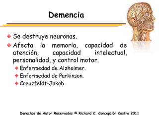 Demencia

Se destruye neuronas.
Afecta la memoria, capacidad de
atención,     capacidad     intelectual,
personalidad, y control motor.
  Enfermedad de Alzheimer.
  Enfermedad de Parkinson.
  Creuzfeldt-Jakob




  Derechos de Autor Reservados © Richard C. Concepción Castro 2011
 