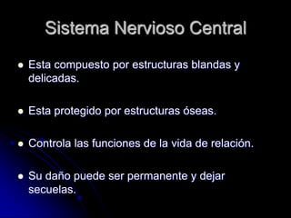 Sistema Nervioso Central
   Esta compuesto por estructuras blandas y
    delicadas.

   Esta protegido por estructuras óseas.

   Controla las funciones de la vida de relación.

   Su daño puede ser permanente y dejar
    secuelas.
 
