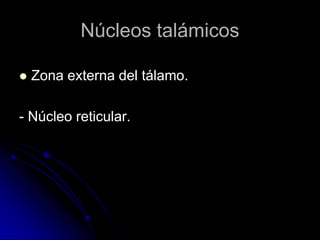 Núcleos talámicos

   Zona externa del tálamo.

- Núcleo reticular.
 