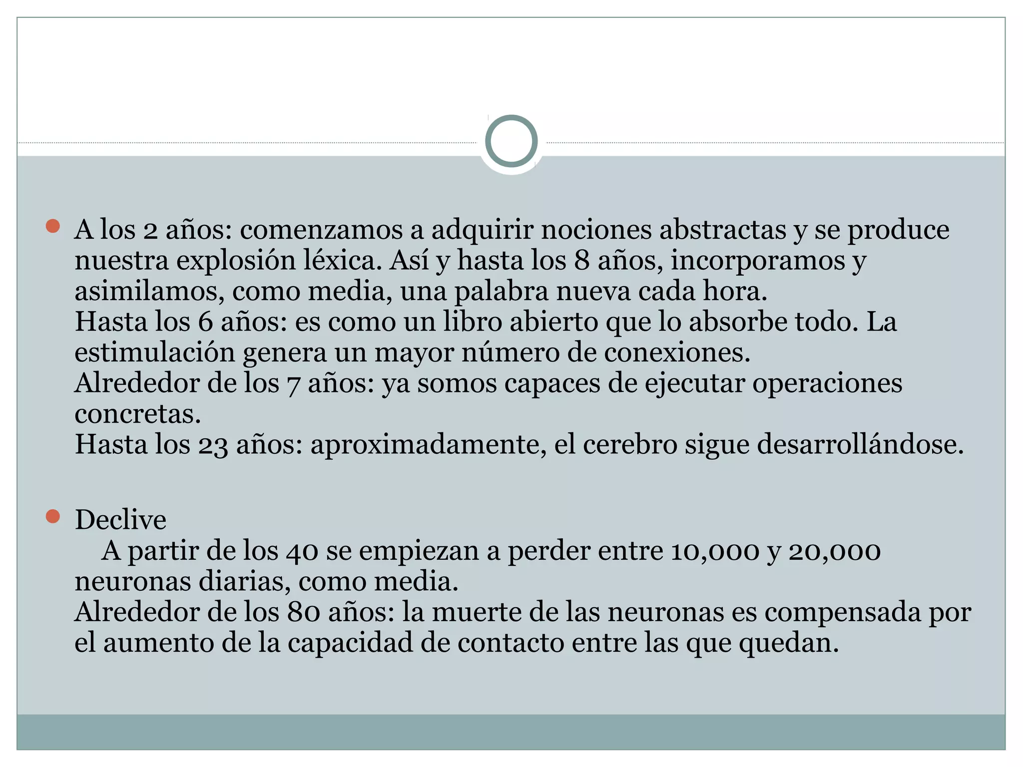  A los 2 años: comenzamos a adquirir nociones abstractas y se produce
nuestra explosión léxica. Así y hasta los 8 años, incorporamos y
asimilamos, como media, una palabra nueva cada hora.
Hasta los 6 años: es como un libro abierto que lo absorbe todo. La
estimulación genera un mayor número de conexiones.
Alrededor de los 7 años: ya somos capaces de ejecutar operaciones
concretas.
Hasta los 23 años: aproximadamente, el cerebro sigue desarrollándose.
 Declive
A partir de los 40 se empiezan a perder entre 10,000 y 20,000
neuronas diarias, como media.
Alrededor de los 80 años: la muerte de las neuronas es compensada por
el aumento de la capacidad de contacto entre las que quedan.
 