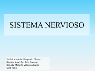 SISTEMA NERVIOSO

Verónica Jazmín Villalpando Chávez
Damara Analy Del Toro Gonzales
Orlando Michelle Villalvazo Cueto
Cint...