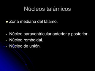 Núcleos talámicos
 Zona mediana del tálamo.
- Núcleo paraventricular anterior y posterior.
- Núcleo romboidal.
- Núcleo de unión.
 