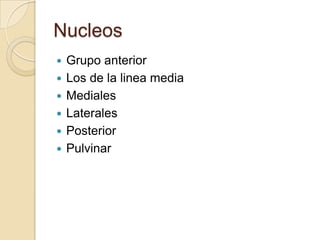 Nucleos
 Grupo anterior
 Los de la linea media
 Mediales
 Laterales
 Posterior
 Pulvinar
 