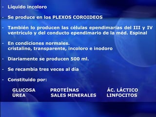Líquido incoloro Se produce en los PLEXOS COROIDEOS También lo producen las células ependimarias del III y IV ventrículo y del conducto ependimario de la méd. Espinal En condiciones normales. cristalino, transparente, incoloro e inodoro Diariamente se producen 500 ml.  Se recambia tres veces al día Constituido por: GLUCOSA  PROTEÍNAS  ÁC. LÁCTICO ÚREA  SALES MINERALES  LINFOCITOS  